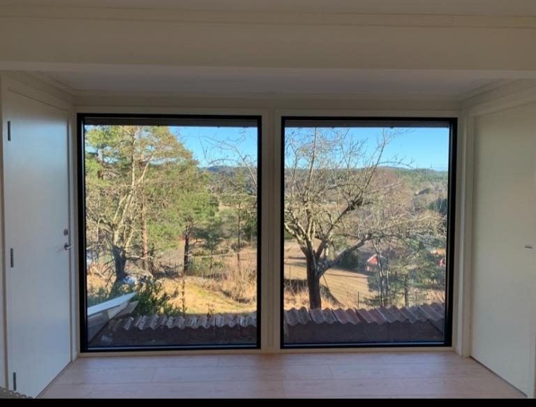 Utsikt fra stua mot Tjomsevannet - høyt og fritt